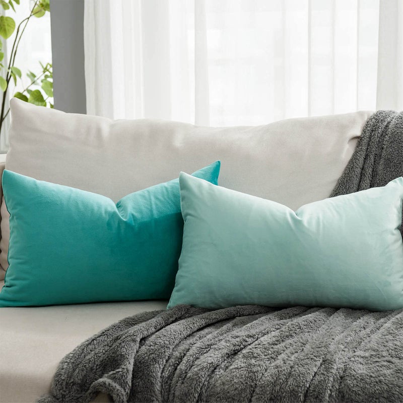 QUAFOO Turquoise Decorative Lumbar Velvet Throw Pillow Covers 12x20 inch Set of 2 with Zipper Luxury Soft Solid Rectangle Cushion Covers Case for Sofa Couch Bed Living Room - Image 2